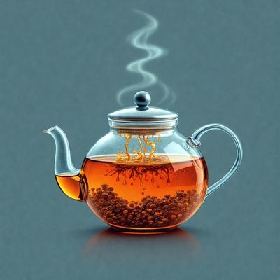 The primary subject of the image is a teapot filled with tea. The teapot is placed on a table, and steam is rising from it, creating a warm and inviting atmosphere. The visual style of the image is digital art, as it is a detailed and well-rendered illustration of the teapot and its contents. The colors in the image are predominantly orange and yellow, which are associated with warmth and comfort. Overall, the image conveys a sense of relaxation and enjoyment of